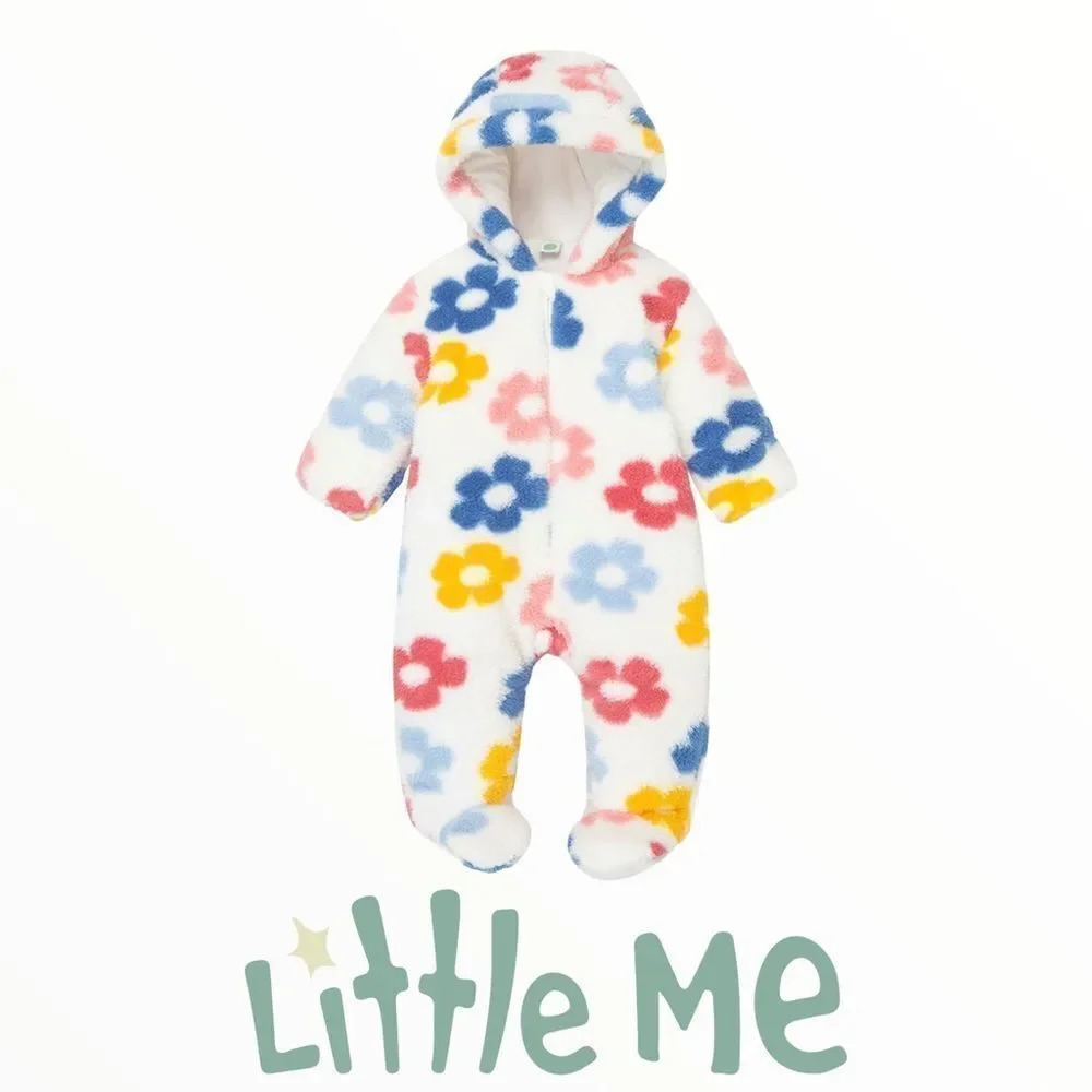 LITTLE ME | Cream | Fuzzy Flower Hooded Footie